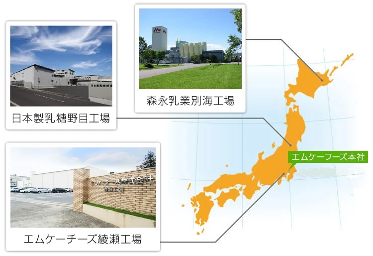 エムケーフーズ本社、森永乳業別海工場、日本製乳糖野目工場、エムケーフーズ綾瀬工場